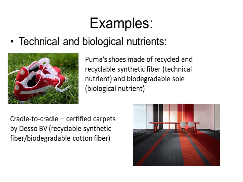 Examples: Technical and biological nutrients: Puma’s shoes made of recycled and recyclable synthetic fiber Examples: Technical and biological nutrients: Puma’s shoes made of recycled and recyclable synthetic fiber